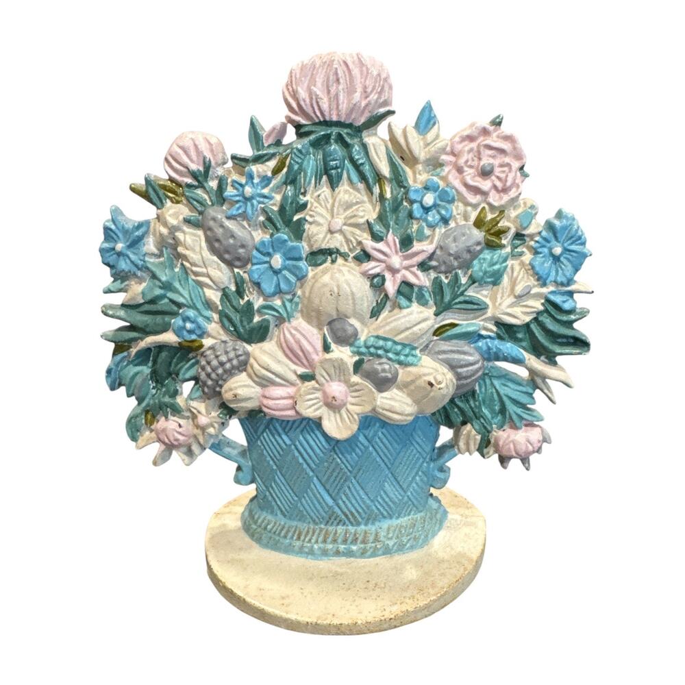 Vintage Cast Iron Pastel Floral Basket Doorstop